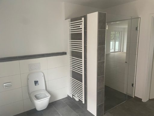 Badezimmer mit Toilette, Handtuchhalter und gläserner Duschabtrennung.