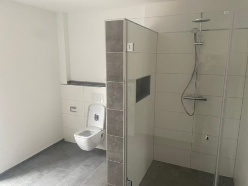 Badezimmer mit Dusche und Toilette, hell gestaltete Wände und grauer Bodenfliese.