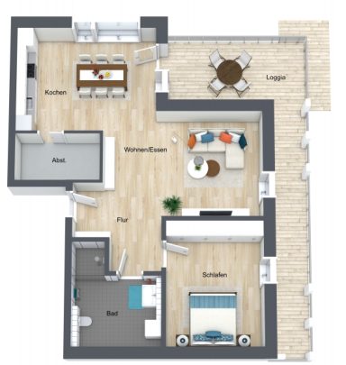 Grundriss einer Wohnung mit Wohnzimmer, Essbereich, Schlafzimmer und Küche.